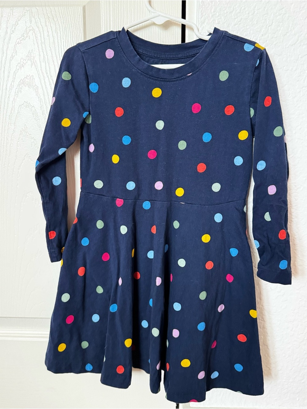 Primary - Girls' Navy Polka Dot Long Sleeve Dress 4T